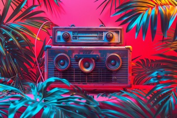 A vibrant, retro-style boombox set against an abstract background of tropical leaves and palm trees, radiating with the energy of summer music and evoking memories from years past