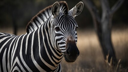 Naklejka premium Zebra stands majestically amidst serene, tranquil environment, its black, white stripes creating stunning contrast against golden hue of grassland. Animals gaze fixed in distance.