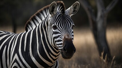 Fototapeta na wymiar Zebra stands majestically amidst serene, tranquil environment, its black, white stripes creating stunning contrast against golden hue of grassland. Animals gaze fixed in distance.