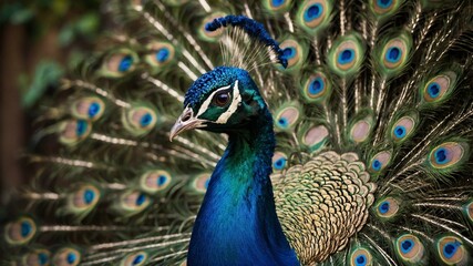 Fototapeta premium Majestic peacock displays vibrant array of feathers, showcasing intricate pattern of eyespots adorned with hues of green, blue, gold that shimmer in light. Birds body cloaked in iridescent blue.