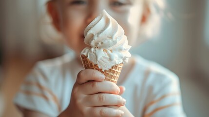 Closeup view of a child holding an ice cream cone in his hand