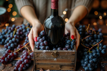 An elegant female hand holds a rustic wooden box, revealing an aged red wine inside.
Fresh, juicy...