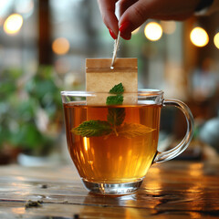 Image of Transparent Cup with Tea and Mint: Moment of Relaxation and Well-BeingArte com IA