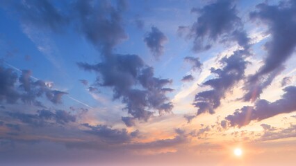 a sky with clouds and the sun setting, 3d render