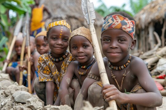 A group of smiling African children in traditional attire holding spears in a village setting