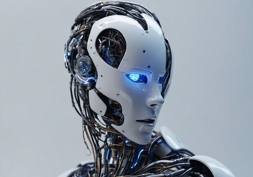 The head of a robot in profile with glowing blue eyes on a light background, the personification of artificial intelligence
