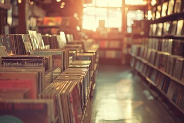 A vintage vinyl record store with rows of classic and retro music, featuring various styles like rock n' roll, soul, jazz, or folk, captured in the warm tones of an afternoon sun