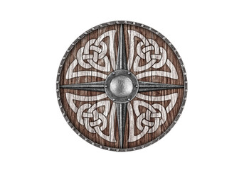 Old decorated viking wooden round shield isolated on white background