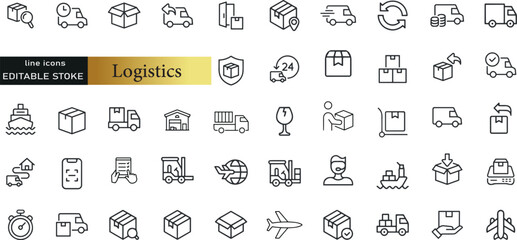 Logistics line icons set. Logistics outline icons with editable stroke collection. Includes Imports Exports, Freight, Warehouse, Custom Inspection, Supply Chain, - obrazy, fototapety, plakaty