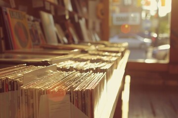 A vintage vinyl record store with rows of classic and retro music, featuring various styles like rock n' roll, soul, jazz, or folk, captured in the warm tones of an afternoon sun