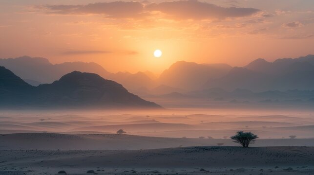 Beautiful panoramic a wide desert with golden sunrise view scene landscape. AI generated image