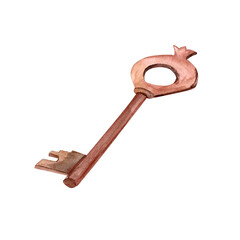 Antique worn metal key Victorian era hand-painted in vintage style watercolor object isolated on a white background. Interior decor and wall art on retro themes, travel, libraries, books, museums