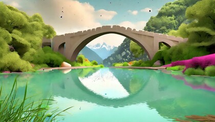 A majestic stone bridge spanning over tranquil waters, its arches illuminated by the golden glow of the sun, creating a picturesque scene reminiscent of timeless beauty. Generative AI - obrazy, fototapety, plakaty