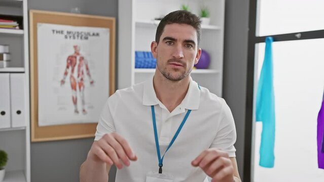 Handsome young hispanic therapist gestures while giving instructions indoors at a rehabilitation clinic.
