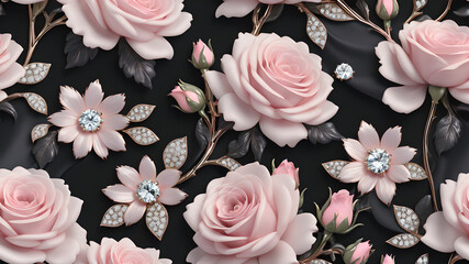 Stately asters and diamond-encrusted roses on an onyx silk background, exuding shades of pale pink, crystal, and deep black. Glamorous jewellery design, voucher card.