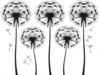 Dandelion Fluff Monochrome Minimalistic Flat Color Graphics Dandelions With Seeds Vivid Painting Wall Art Decoration