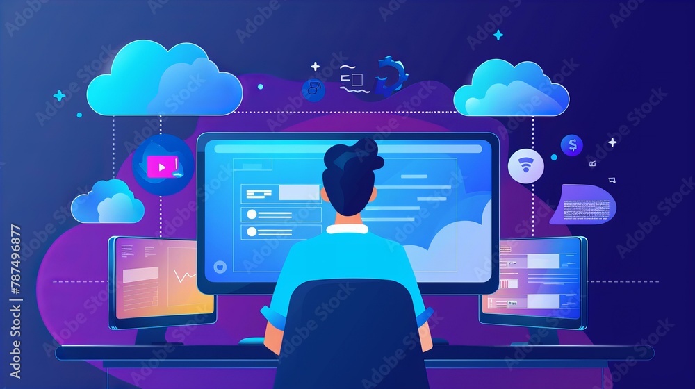 Aufkleber person working on a computer with cloud computing icons
