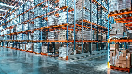 Large Warehouse Interior With Orange Pallet Racks Filled With Boxes