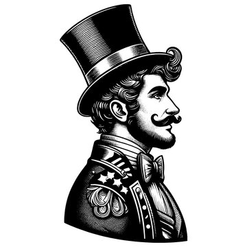 recommend clip art: Bust of a vintage man in a hat with a mustache. Sketch board imitation. Raster, generative ai.