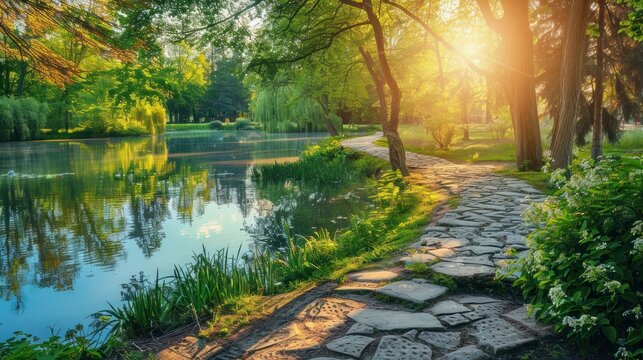 Beautiful calm lake in park with stone path in foreground and green trees spring summer landscape.