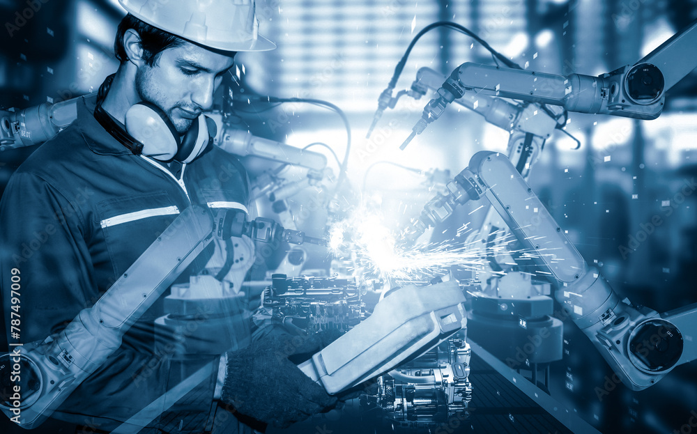 Poster xai mechanized industry robot arm and factory worker double exposure. concept of robotics technology