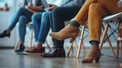 Close up of peoples legs sitting on a chairs waiting for a job interview	