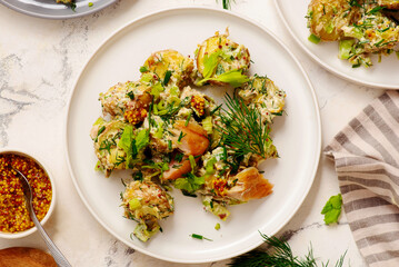 Potato salad with smoked mackerel and celery.top veiw. - 787497232