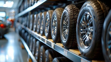 Rows of New Tires Lined Up in Auto Shop - Ready for the Road Ahead. Concept Automotive Industry, Tires, Maintenance, Auto Shop, Road Safety - obrazy, fototapety, plakaty