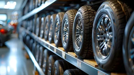 Fotobehang Rows of New Tires Lined Up in Auto Shop - Ready for the Road Ahead. Concept Automotive Industry, Tires, Maintenance, Auto Shop, Road Safety © Ян Заболотний