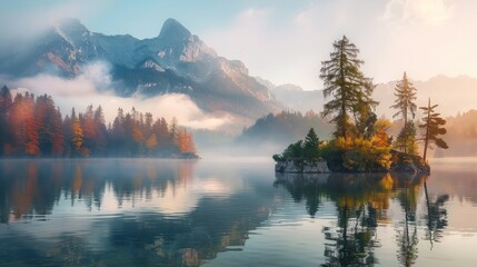 Beautiful morning view of autumn scene with lake and mountain nature background. AI generated