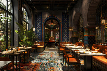 Vibrant Art-Focused Restaurant Interior with Beach Club and World Cuisine Ambiance, Featuring Tables and Chairs