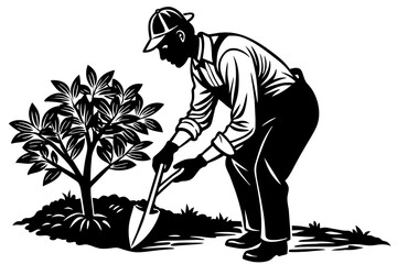 Create an image of a volunteer helping to plant trees with solid black and white color 