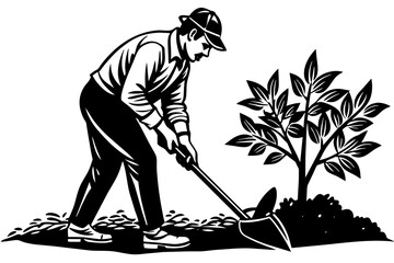 Create an image of a volunteer helping to plant trees with solid black and white color 