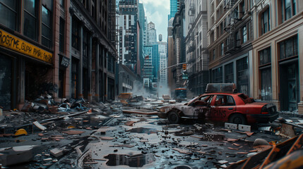 Post apocalyptic scenario city buildings construction and wrecked cars