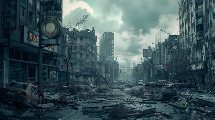 Post apocalyptic scenario city buildings construction and wrecked cars