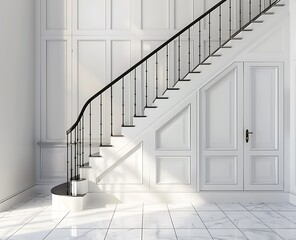 White cabinet with doors under the staircase in a luxury home interior