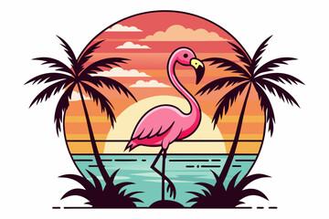 Vector t-shirt design, vector art with black outlines, a cute pink flamingo with palm trees and a sunset, with a small beach in reflection illustration, white background