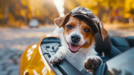 Trendy hat wearing Small dog breed Jack Russell Terrier looks out the open window of the car. Closeup