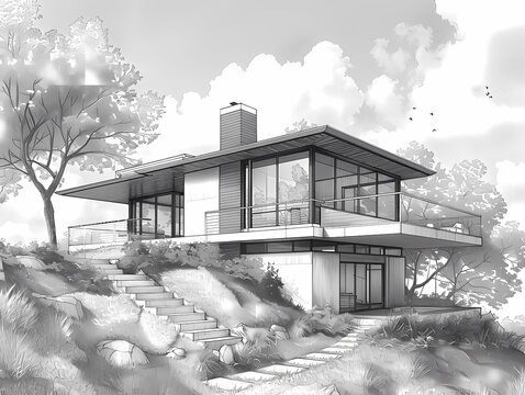 Midcentury Modern Cottage Line Drawing, Black and White, Perspective, Glass Wall, Staircase, Hill, Vibrant Painting, Art