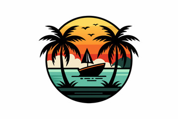 Fototapeta na wymiar Vector t-shirt design, vector art with black outlines, a small boat with palm trees and a sunset, with a small beach in reflection illustration, white background, clipart