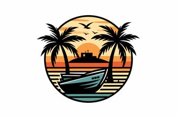 Vector t-shirt design, vector art with black outlines, a small boat with palm trees and a sunset, with a small beach in reflection illustration, white background, clipart