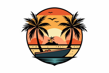 Vector t-shirt design, vector art with black outlines, a small boat with palm trees and a sunset, with a small beach in reflection illustration, white background, clipart