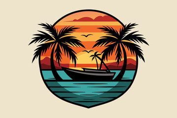 Vector t-shirt design, vector art with black outlines, a small boat with palm trees and a sunset, with a small beach in reflection illustration, white background, clipart