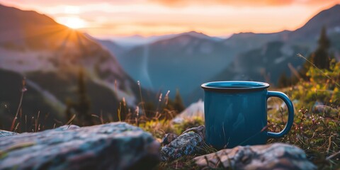 A close-up of a blue tea cup while hiking in the mountains at sunset. The concept of outdoor recreation, active lifestyle