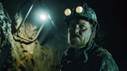 Fototapeta premium Miner in mining gear with a lamp in the mine shaft