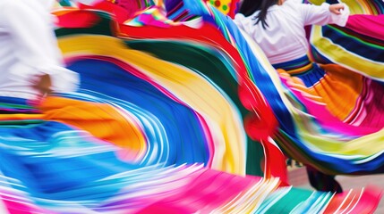 Copy space, bright and colorful scene with traditional Mexican folk dancers in motion, travel...