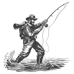 fisherman in action images using Old engraving style