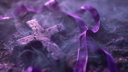 Mysterious Cross Shrouded in Mist with Ethereal Purple Ribbons