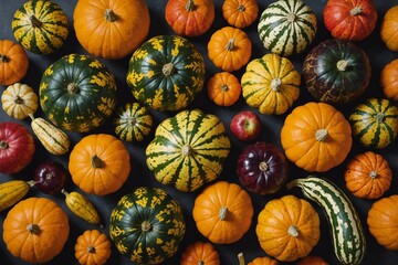 Variety of fall fruits and gourds