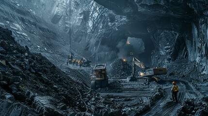 Miners working in an underground mine. They are wearing hard hats and carrying equipment.